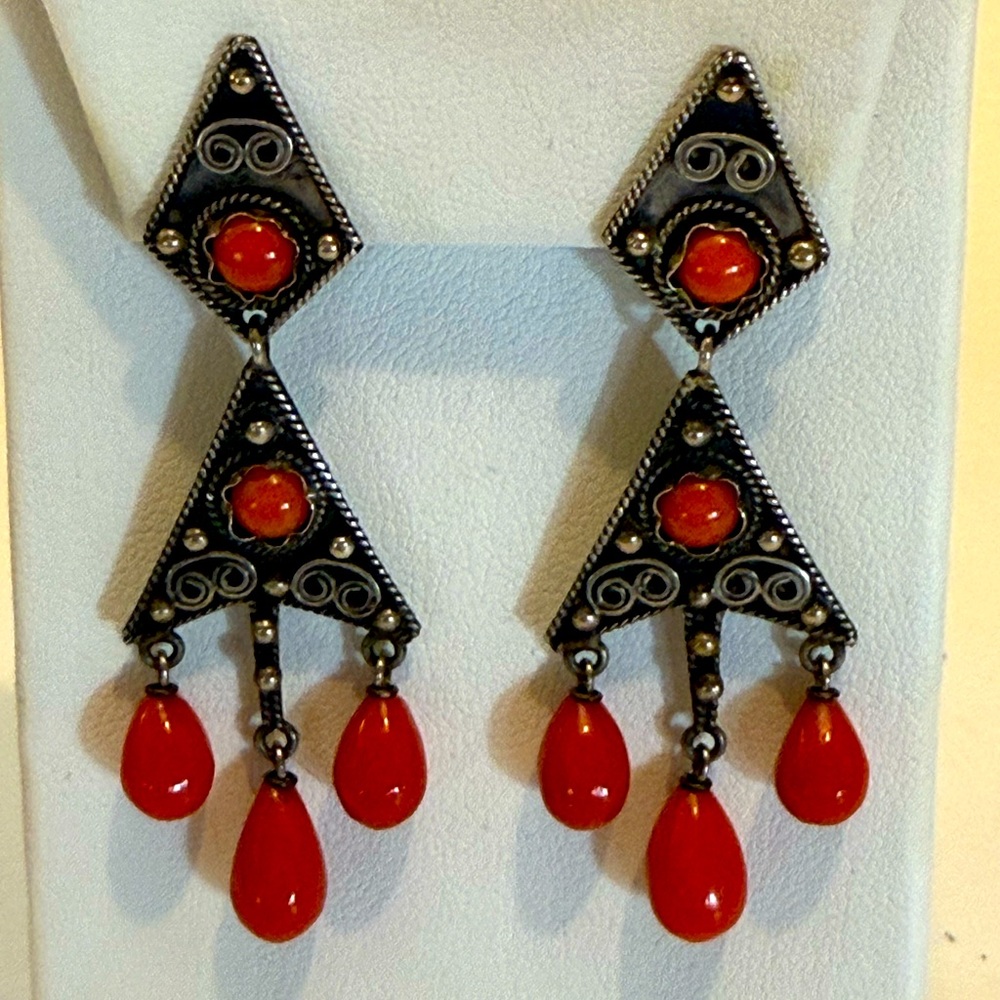 Antique Victorian Silver Coral Clip Earrings